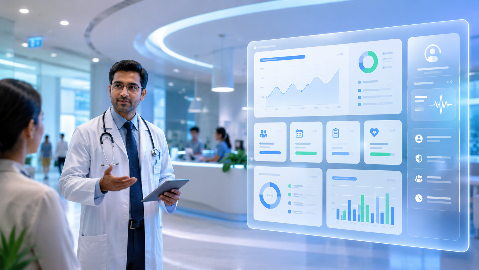 ArogyaNxt hospital dashboard mockup showing OPD, billing, and care coordination
